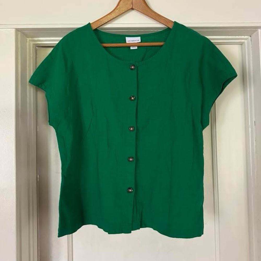Liz Claiborne Boxy Green Linen Cotton Blend Button Down Shirt